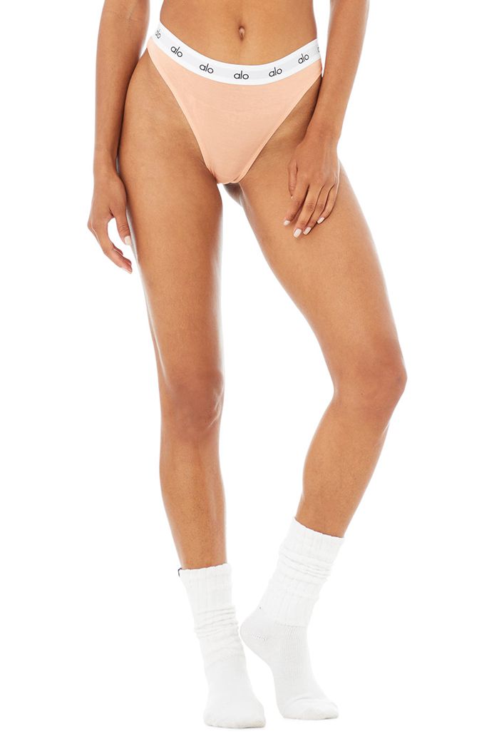 Beige Alo Yoga Icon High-Cut Thong Women's Underwear | 51086YJOT