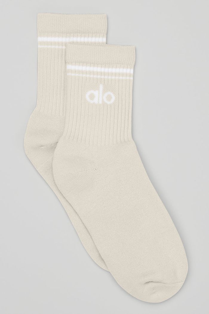 Beige White Alo Yoga Half-Crew Throwback Men's Socks | 16482OCTZ