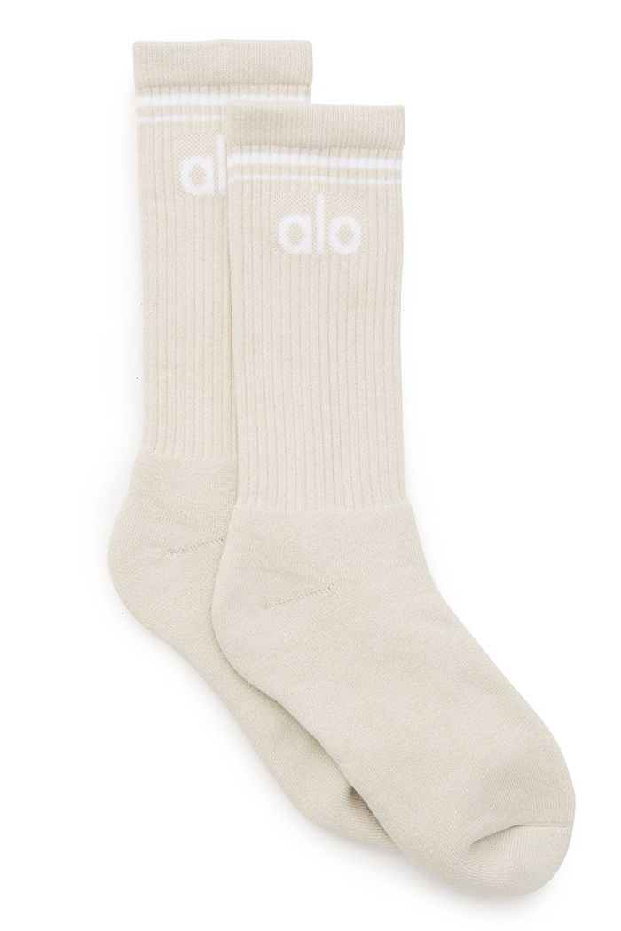 Beige White Alo Yoga Throwback Men's Socks | 72513FHDZ