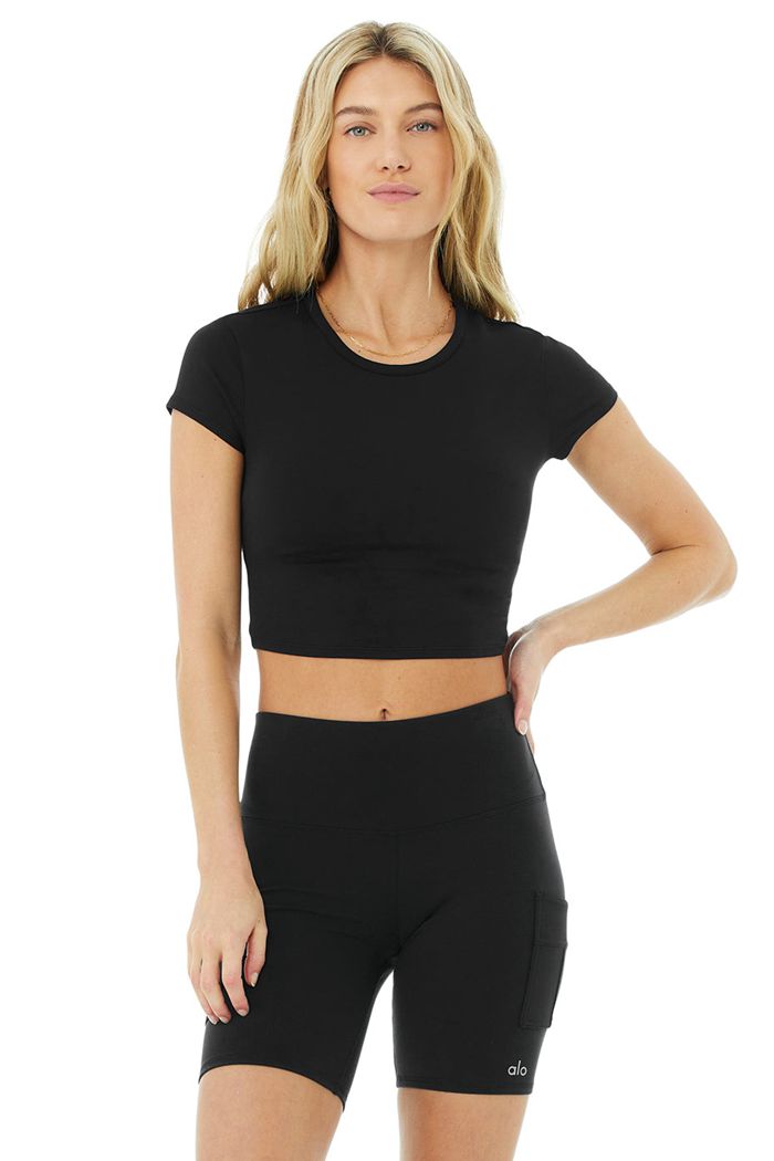 Black Alo Yoga Alosoft Crop Finesse Women's Short Sleeve | 82471ESAK