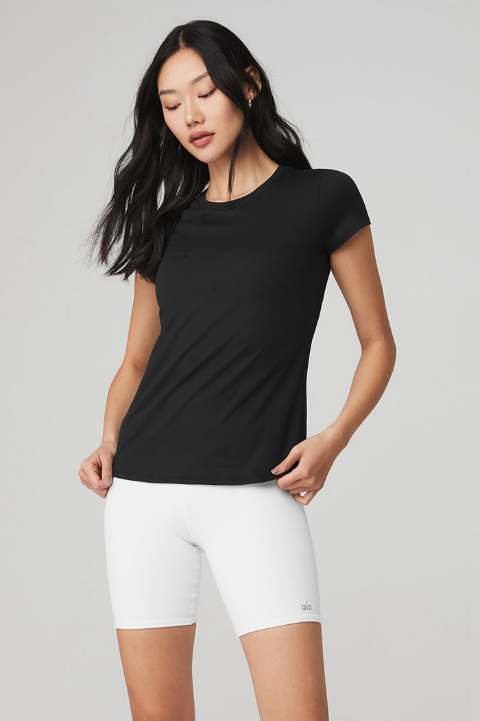 Black Alo Yoga Alosoft Finesse Tee Women's Short Sleeve | 46159LQKC