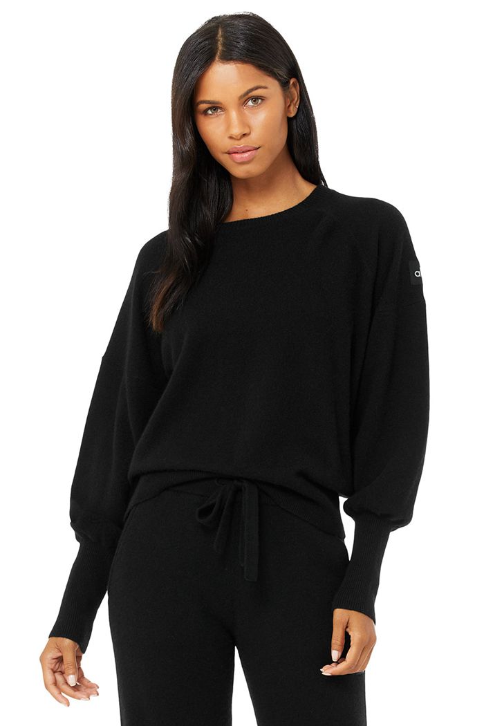 Black Alo Yoga Cashmere Jet Set Crew Women's Long Sleeve | 45106OTWX