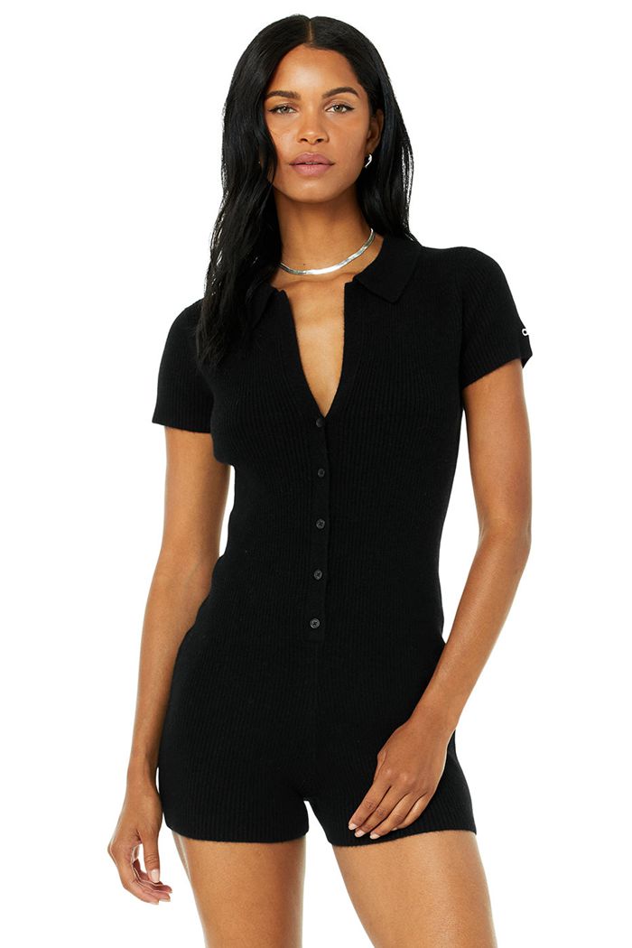 Black Alo Yoga Cashmere Ribbed Staycation Playsuit Women's Playsuit | 74693TQHR