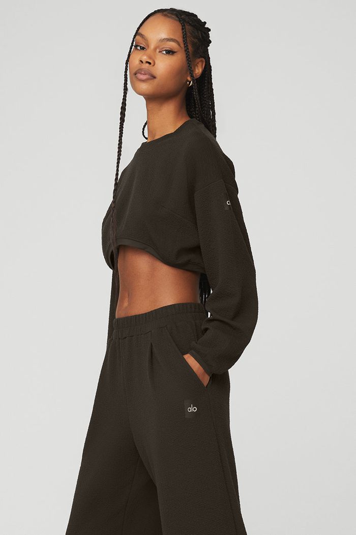 Black Alo Yoga Cropped Tailored Crew Neck Women's Long Sleeve | 50721UXKS