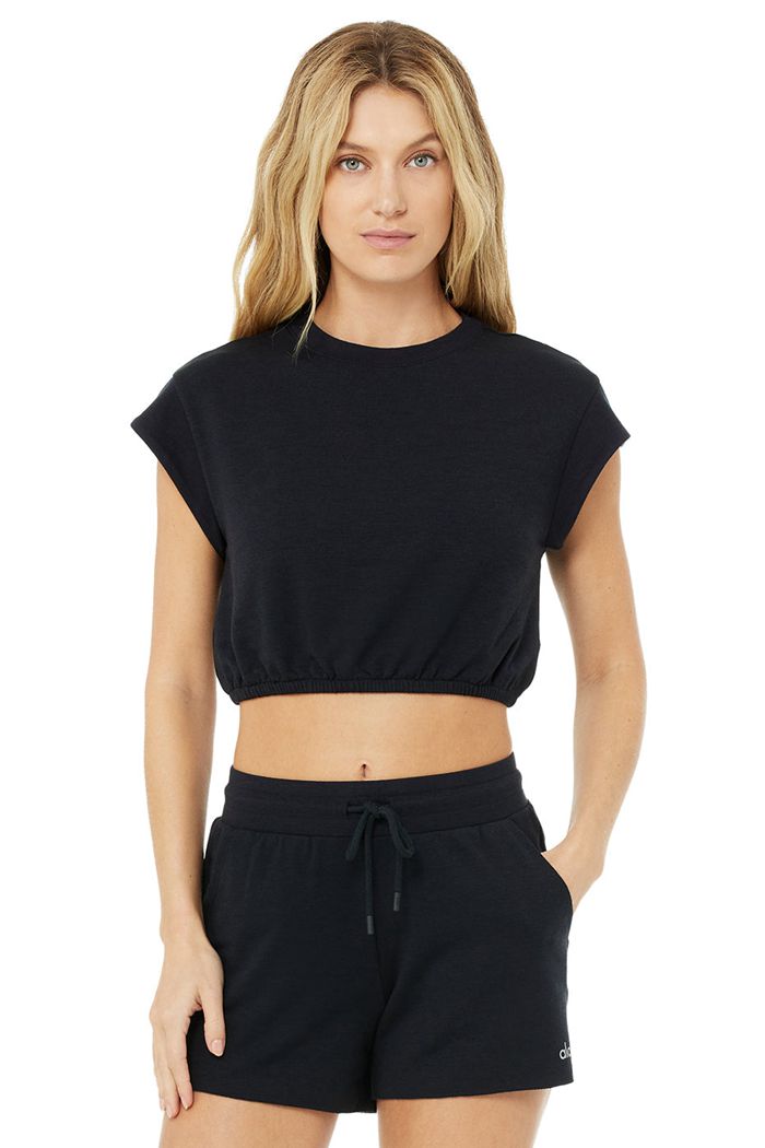 Black Alo Yoga Dreamy Crop Women's Short Sleeve | 26397LYQT