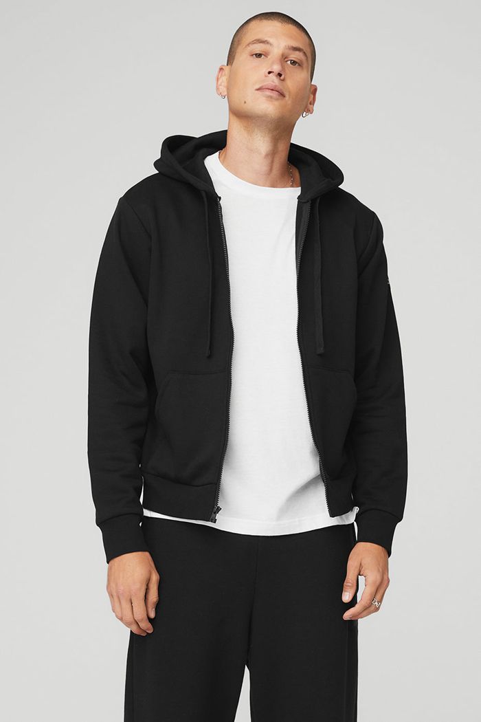 Black Alo Yoga Everyday Full Zip Men's Hoodie | 59486ZKSE