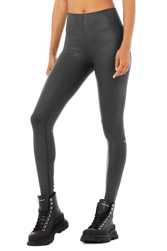 Black Alo Yoga Faux Leather Airbrush High-Waist Women's Leggings | 64031KRCF