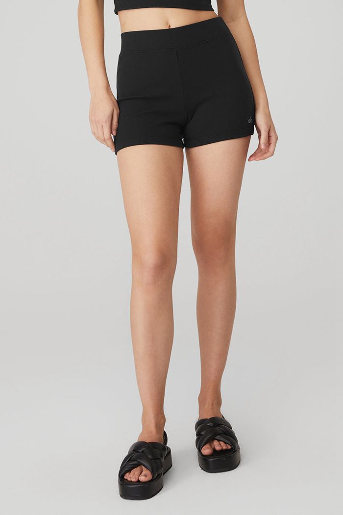 Black Alo Yoga Goddess Ribbed High-Waist Hot Women's Short | 10294HNEG