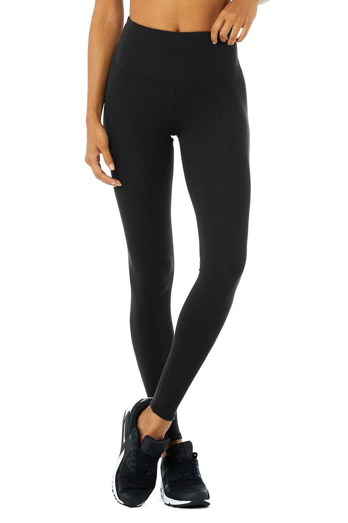 Black Alo Yoga High-Waist Micro Waffle LowKey Women's Leggings | 62074HYTE