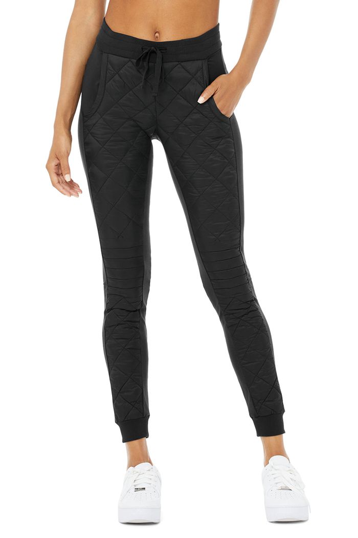 Black Alo Yoga High-Waist Moto Puffer Women's Pants | 07958RQHC