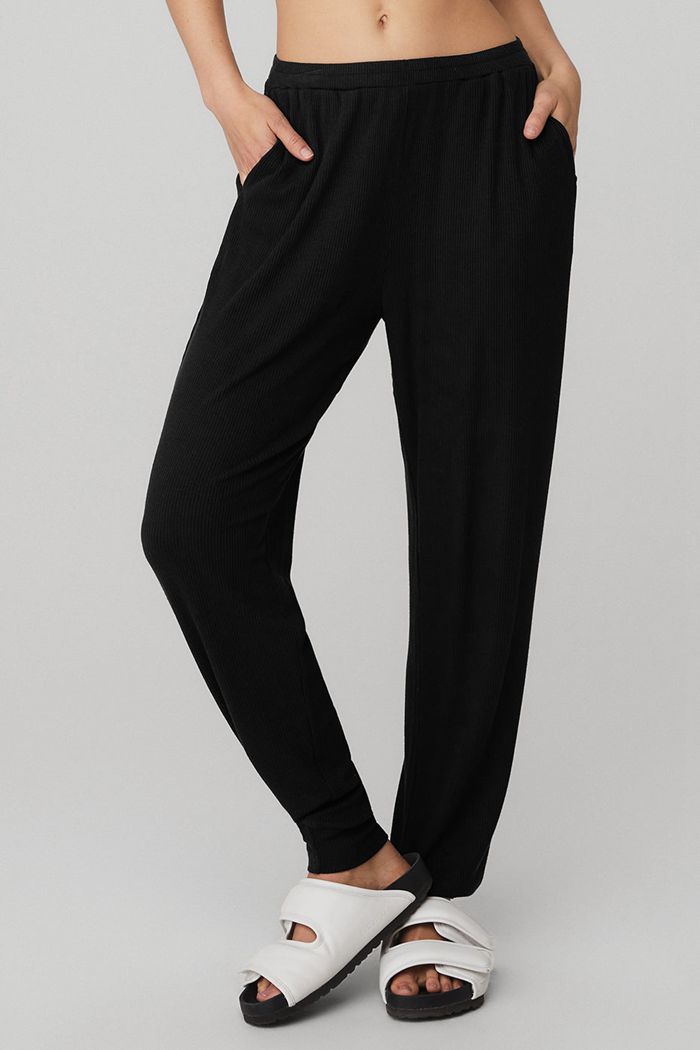 Black Alo Yoga High-Waist Ribbed Whisper Women's Pants | 87620ECLN