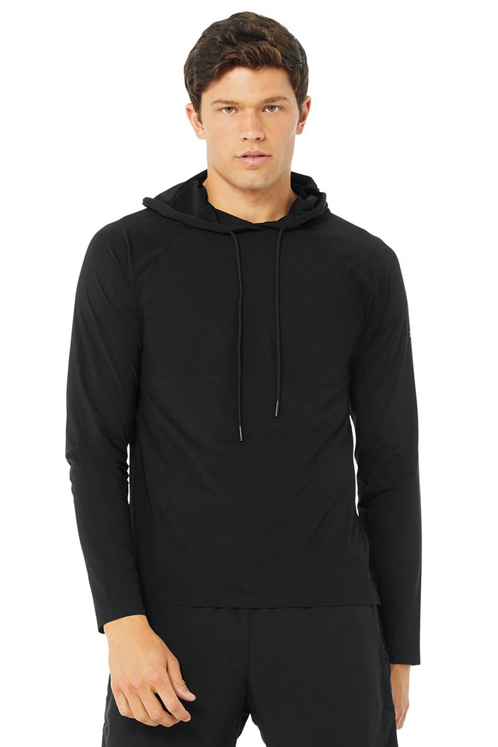 Black Alo Yoga Idol Hooded Runner Men's Hoodie | 79581GUKR