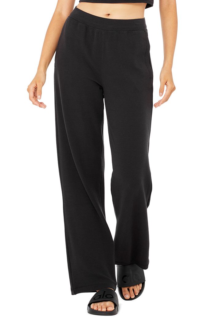 Black Alo Yoga Micro Waffle High-Waist Pleasant Wide Leg Women's Pants | 98027BIPA