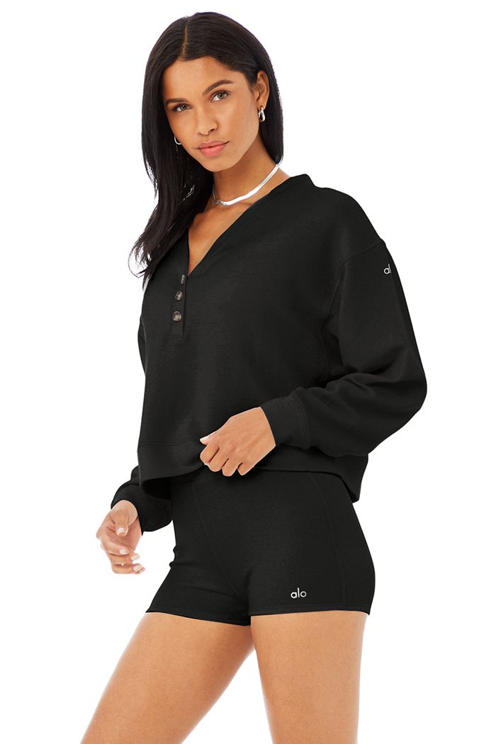 Black Alo Yoga Micro Waffle Pleasant Cropped Henley Women's Long Sleeve | 60528FYJK