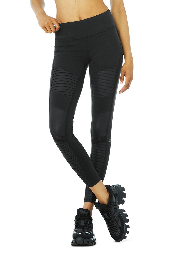 Black Alo Yoga Moto Women's Leggings | 06541SLEY