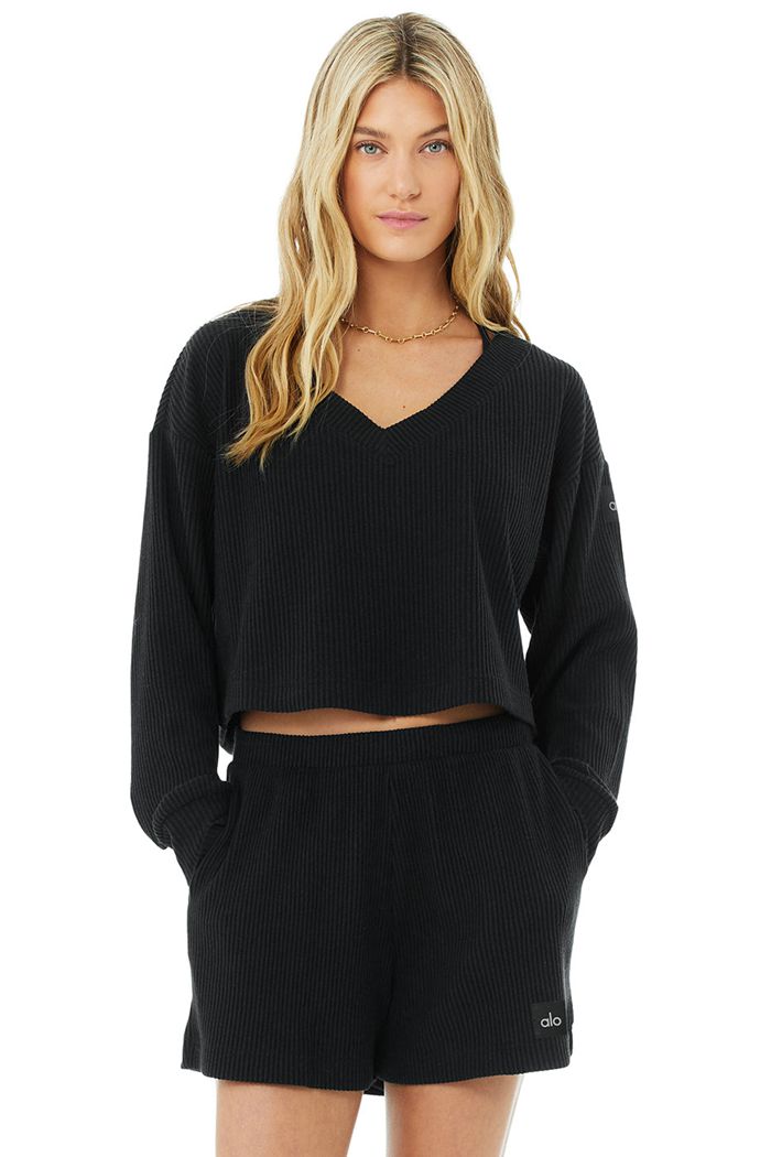 Black Alo Yoga Muse V-Neck Women's Pullover | 61259PJDT