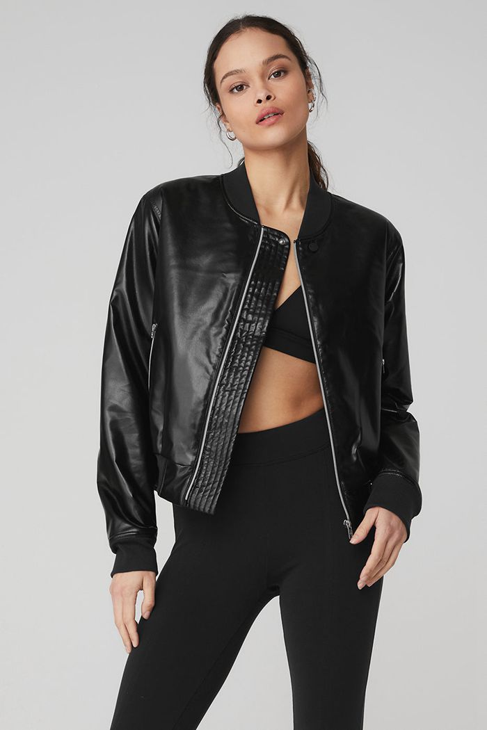 Black Alo Yoga Night Life Bomber Women's Jackets | 13524CTJU