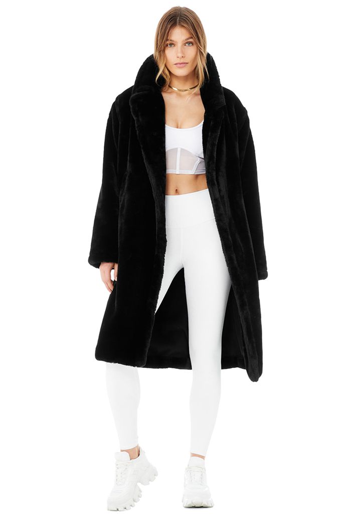 Black Alo Yoga Oversized Faux Fur Trench Women's Coat | 10372HVPF