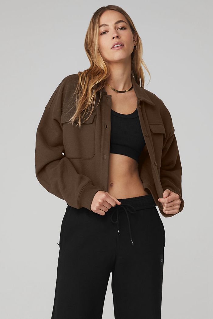 Black Alo Yoga Renown Cropped Button-Up Women's Pullover | 37645NGMR