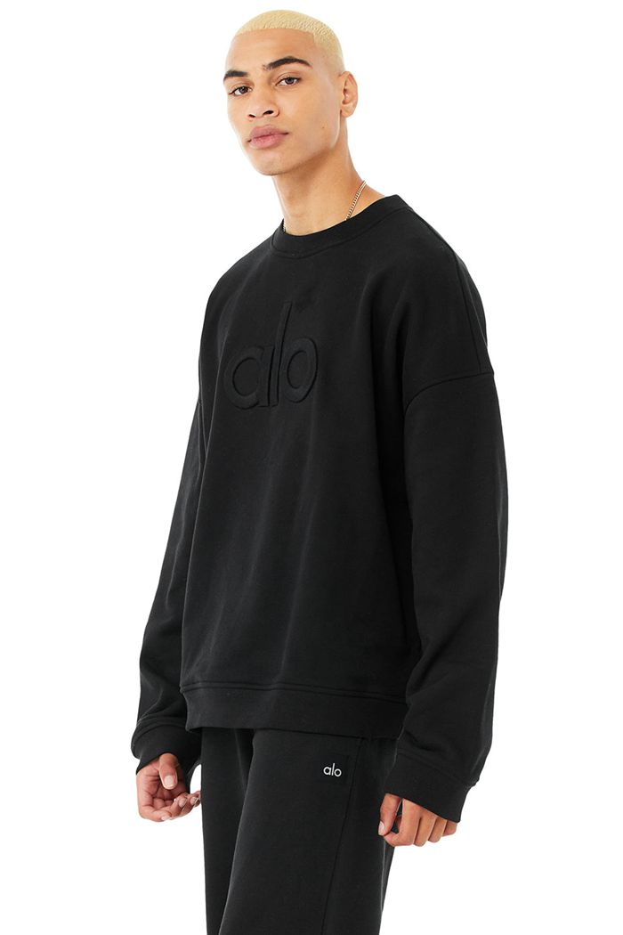 Black Alo Yoga Renown Heavy Weight Emblem Crew Neck Men's Pullover | 04873ZDLB