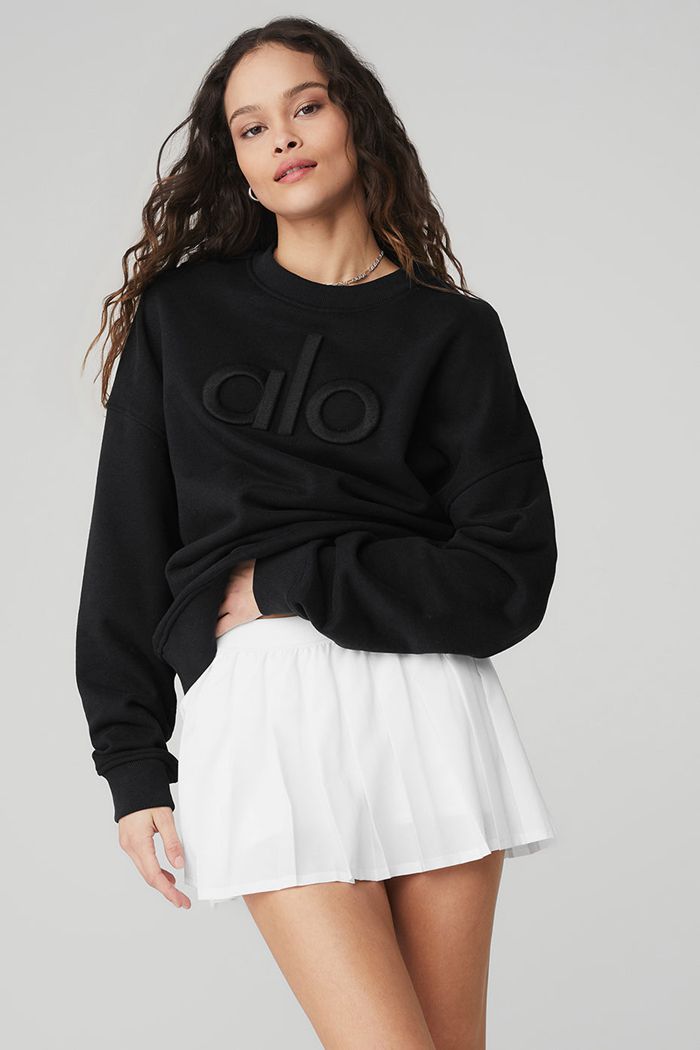 Black Alo Yoga Renown Heavy Weight Emblem Crew Neck Women's Pullover | 41627HZYW