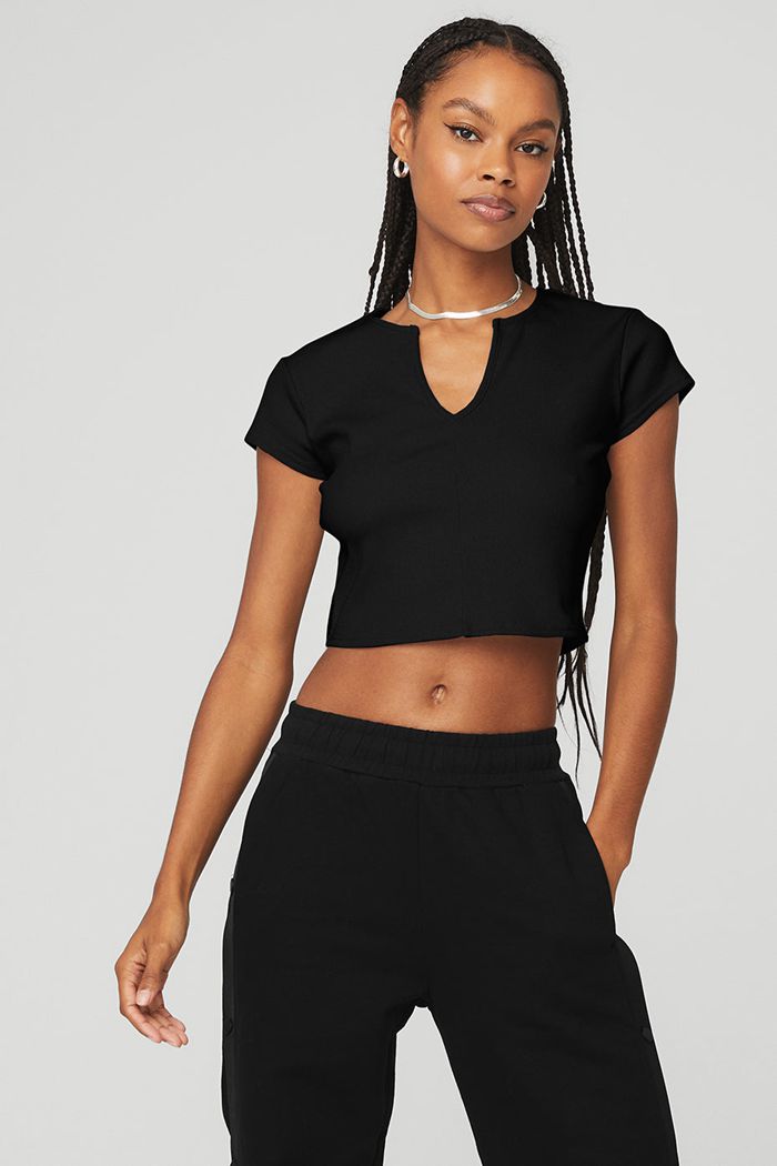 Black Alo Yoga Ribbed Cropped Savvy Women's Short Sleeve | 04972WGIH