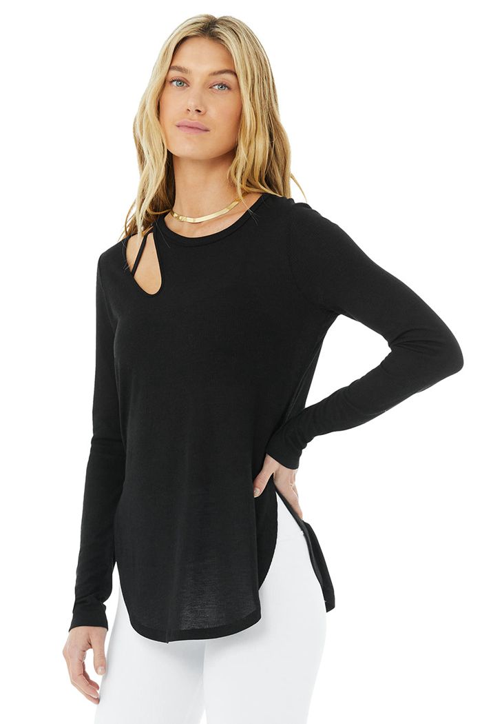 Black Alo Yoga Ribbed Peak Women's Long Sleeve | 15697DXLO