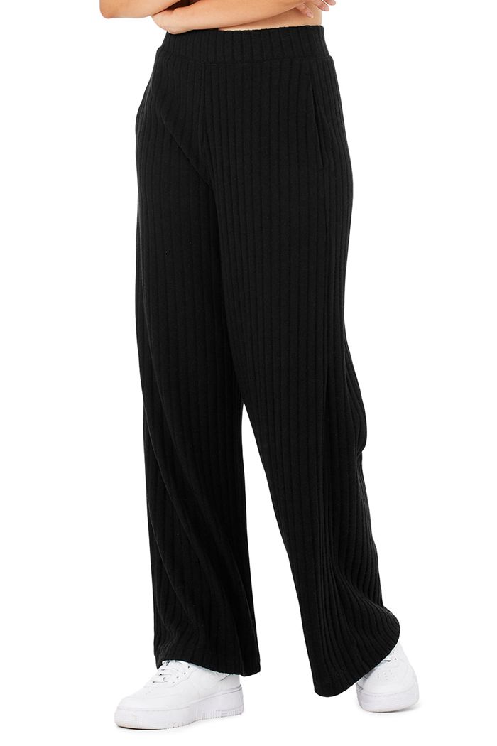 Black Alo Yoga Ribbed Take Comfort Wide Leg Women's Pants | 46915GRQT