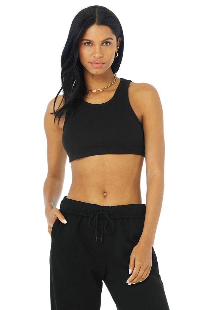 Black Alo Yoga Ribbed Vibe Women's Tank Tops | 04931QGML