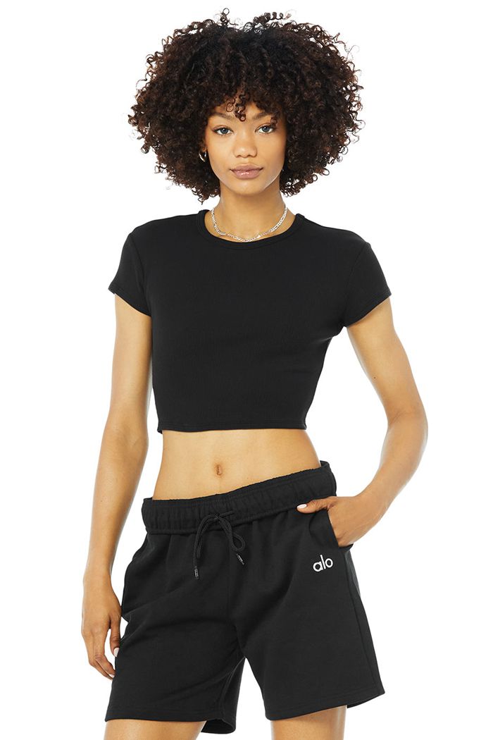 Black Alo Yoga Ribbed Women's Short Sleeve | 94258ZPAX