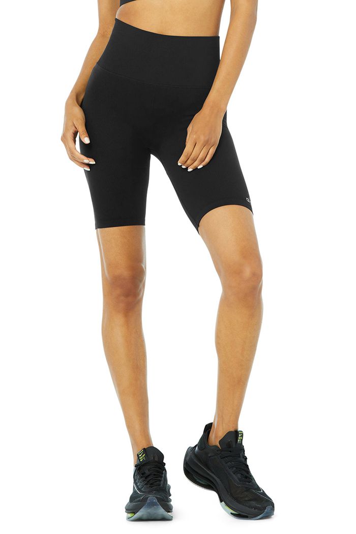 Black Alo Yoga Seamless High-Waist Ribbed Biker Women's Short | 40263BRWF