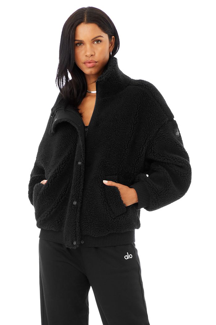 Black Alo Yoga Sherpa Varsity Women's Jackets | 87035AFGR