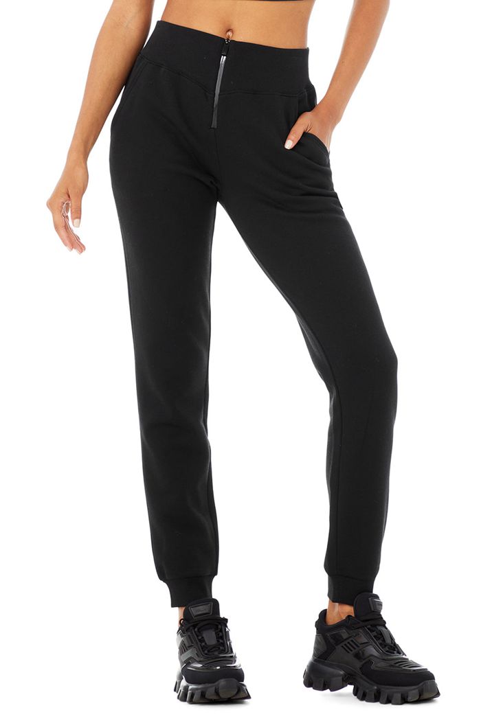 Black Alo Yoga Slick Zip Front Sweat Women's Pants | 58472ISCU