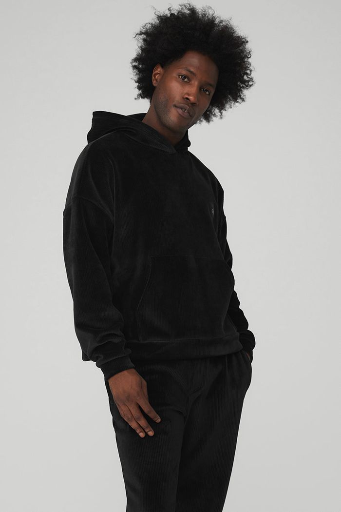 Black Alo Yoga Velour Baller Men's Hoodie | 35184EWMA