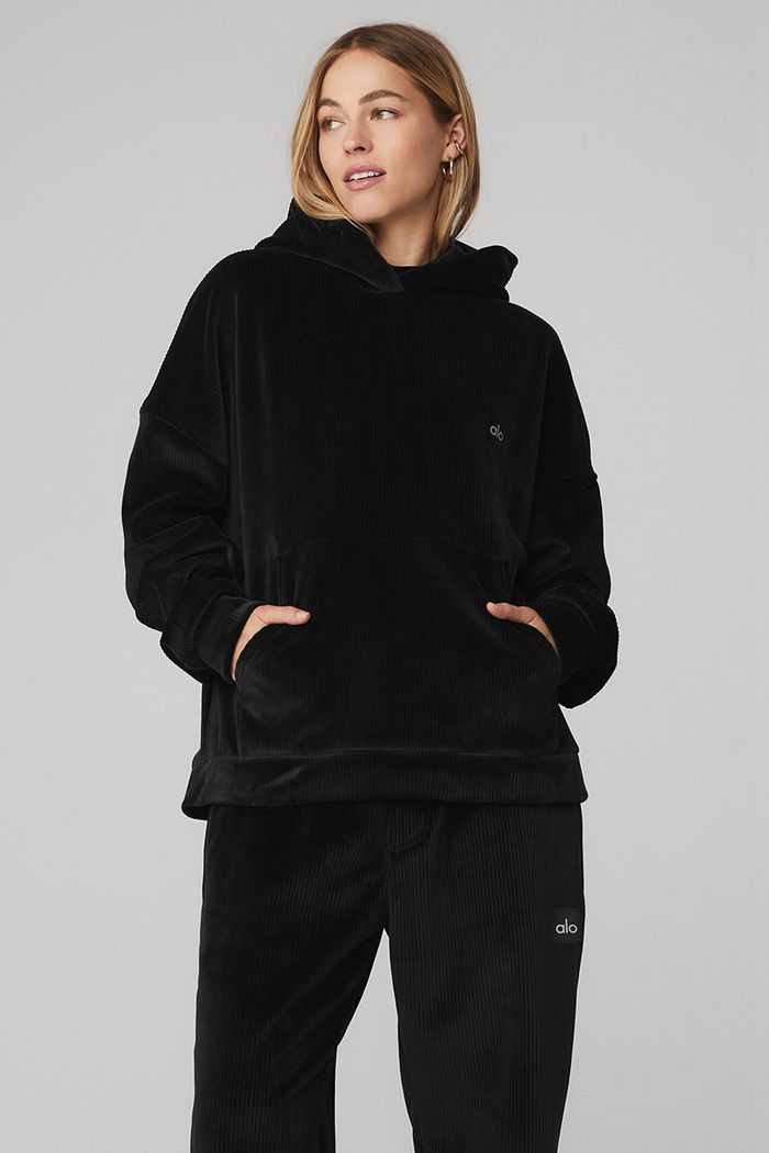 Black Alo Yoga Velour Baller Women's Hoodie | 81649LISK