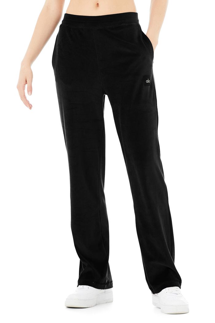 Black Alo Yoga Velour High-Waist Glimmer Wide Leg Women's Pants | 85106LQWS