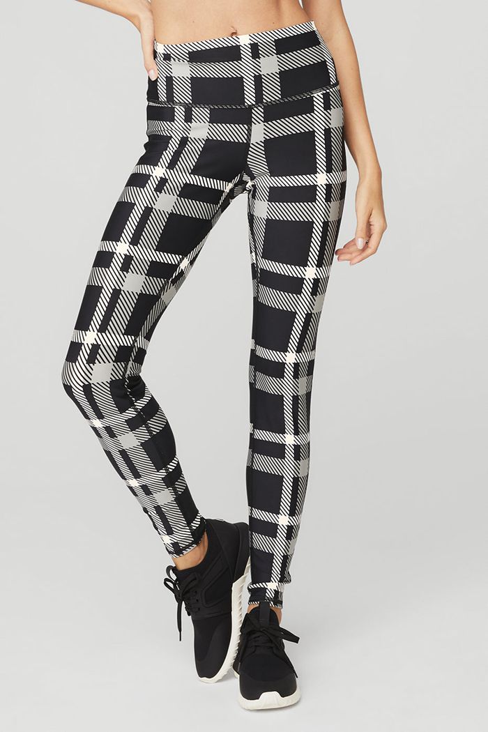 Black White Alo Yoga Airlift High-Waist Magnified Plaid Women's Leggings | 29174JCPB