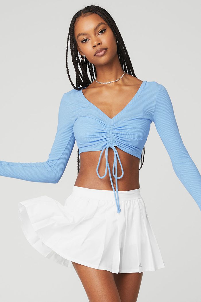 Blue Alo Yoga Ribbed Cinch Cropped Women's Long Sleeve | 17046LEGP