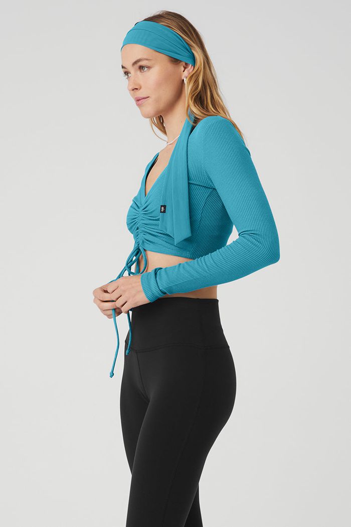 Blue Alo Yoga Ribbed Cinch Cropped Women's Long Sleeve | 40856PGXQ