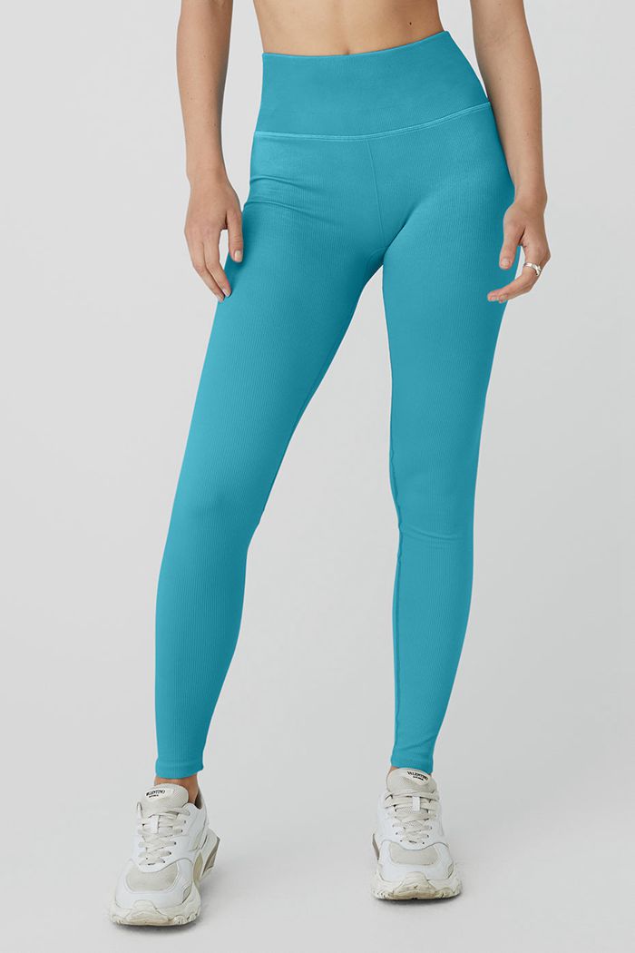 Blue Alo Yoga Seamless High-Waist Ribbed Women's Leggings | 56841VJPE