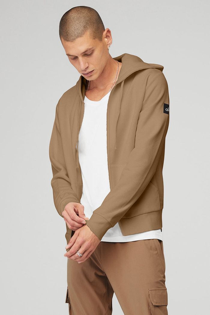 Brown Alo Yoga Everyday Full Zip Men's Hoodie | 28073HGEA