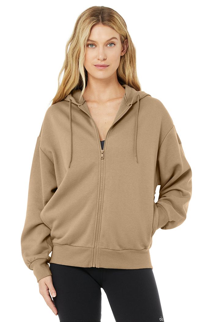 Brown Alo Yoga Hype Full Zip Women's Hoodie | 40257OMBV