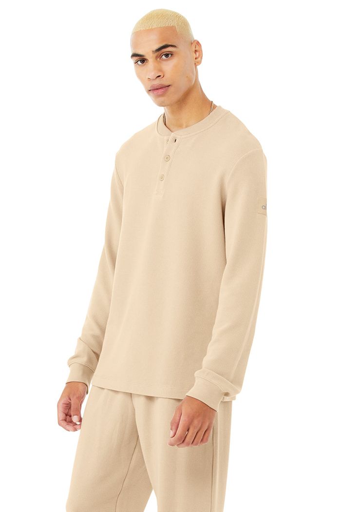 Brown Alo Yoga Micro Waffle Fast Break Henley Men's Long Sleeve | 76312UOFS