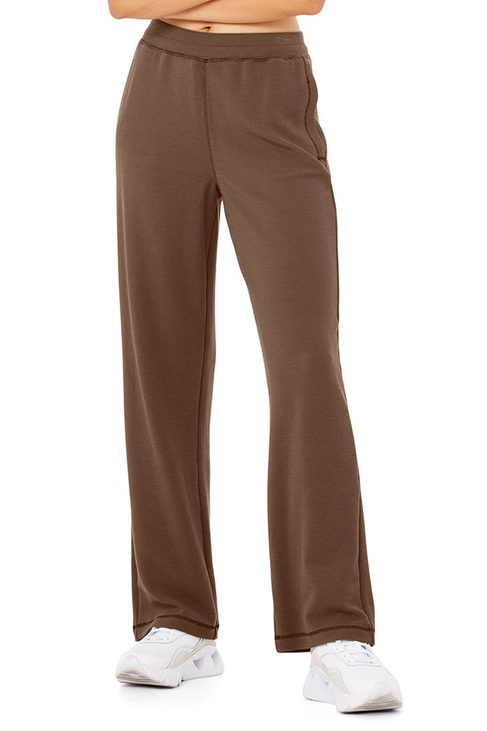 Brown Alo Yoga Micro Waffle High-Waist Pleasant Wide Leg Women's Pants | 58396OUWT