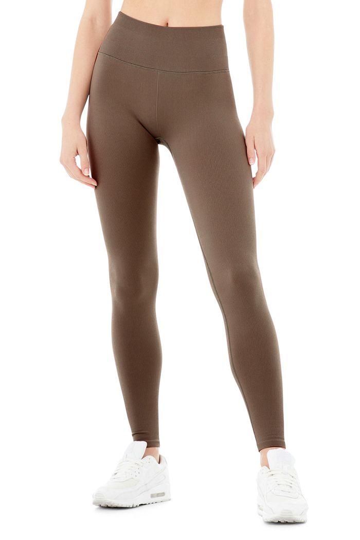 Brown Alo Yoga Seamless High-Waist Ribbed Women's Leggings | 69051ITFJ