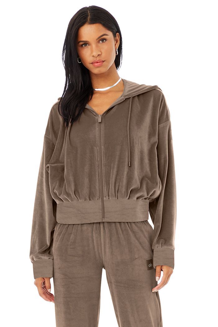 Brown Alo Yoga Velour Glimmer Full Zip Women's Hoodie | 65293IVAB