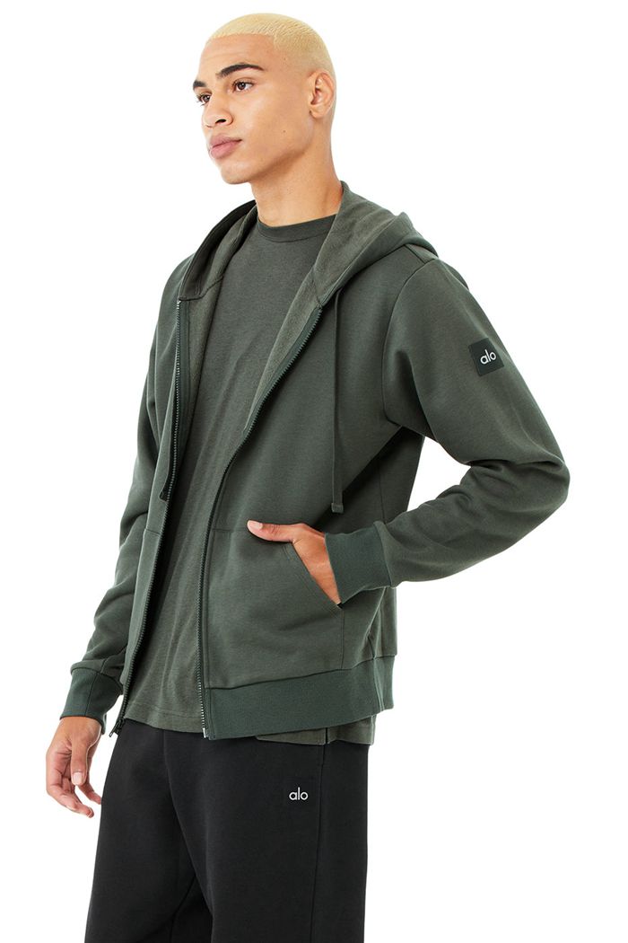 Dark Green Alo Yoga Everyday Full Zip Men's Hoodie | 82631UKYH