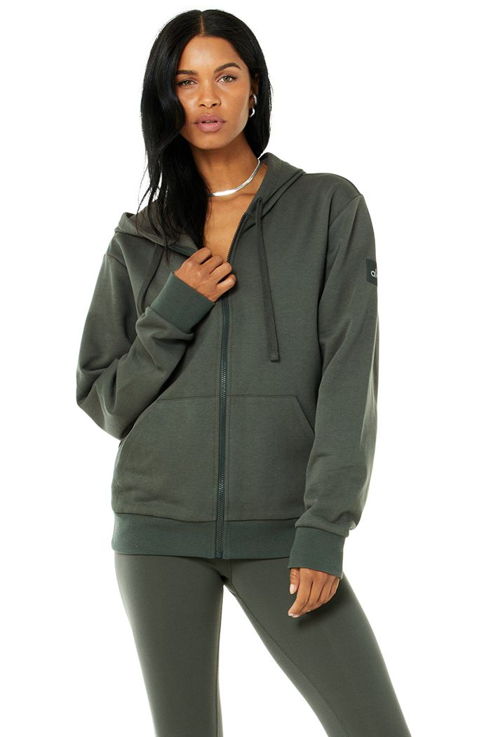 Dark Green Alo Yoga Everyday Full Zip Women's Hoodie | 56407GBQV