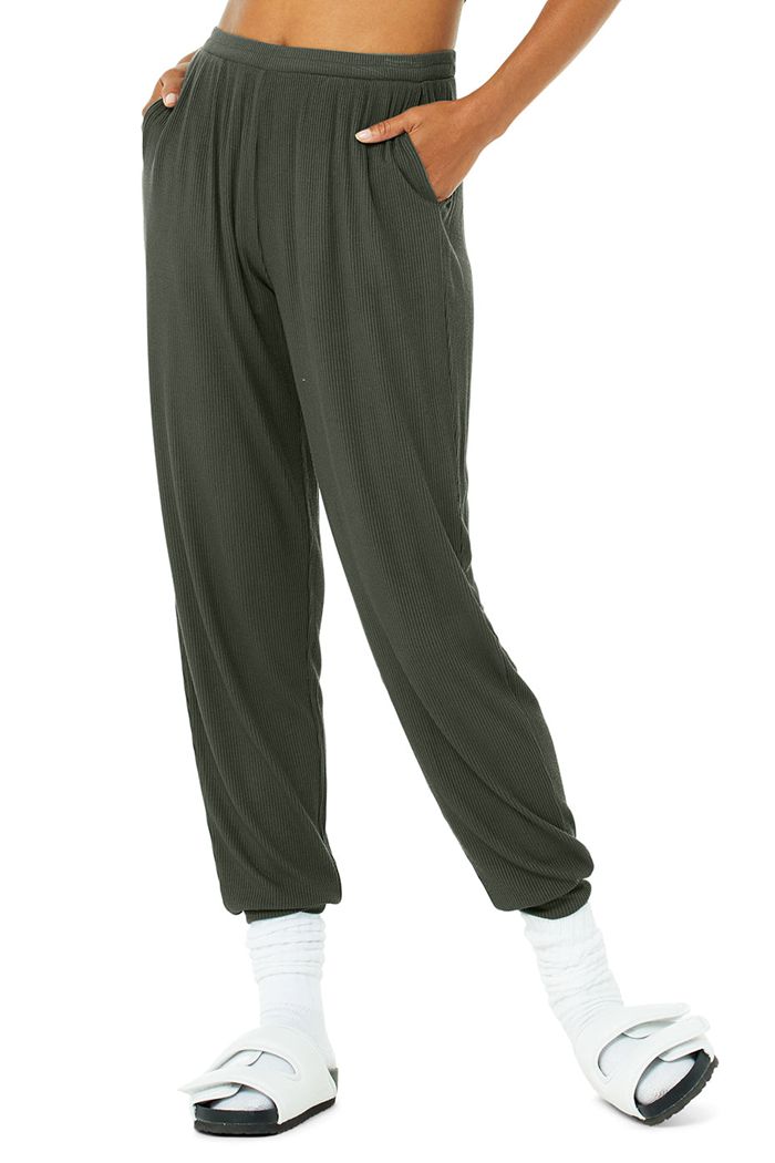 Dark Green Alo Yoga High-Waist Ribbed Whisper Women's Pants | 19843FBQS