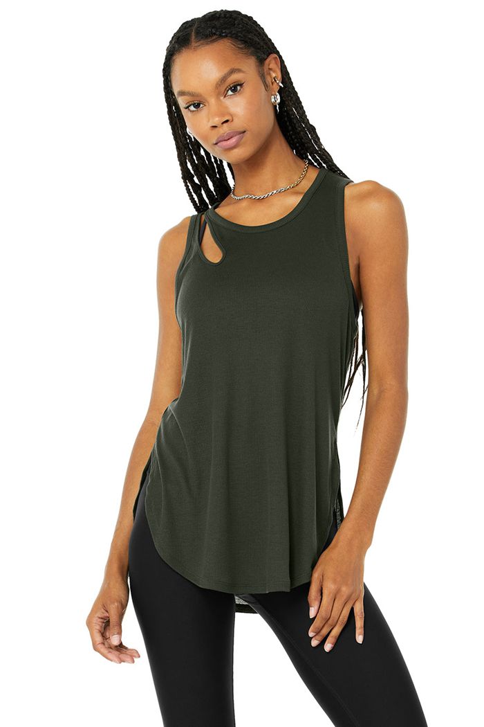 Dark Green Alo Yoga Ribbed Peak Women's Tank Tops | 31294ZAQL